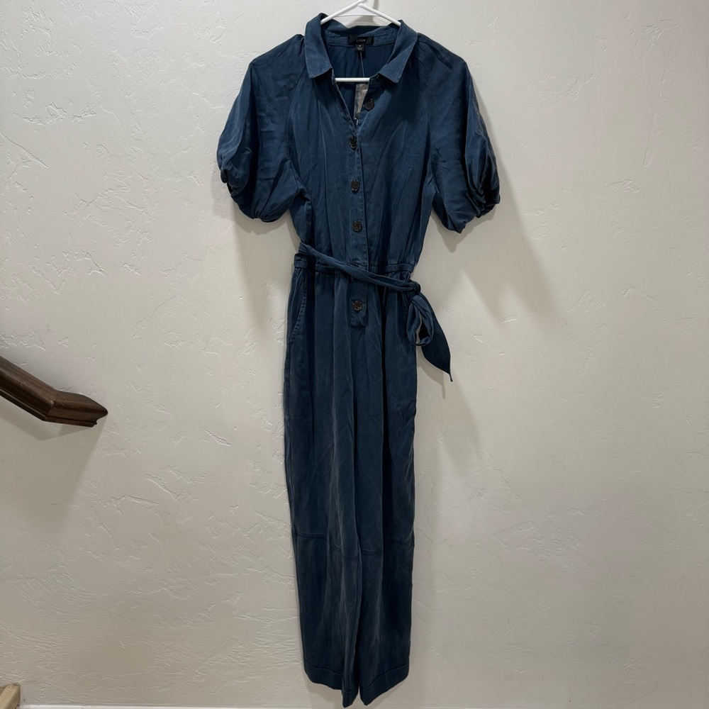 NWT J. Crew Drapey Belted Jumpsuit Blue Women's 6 Puff Sleeve Belted - Picture 4 of 15